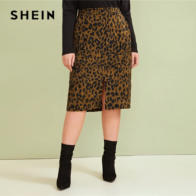 Comprar Falda de tubo informal con abertura frontal con estampado de leopardo de talla grande de SHEIN para mujer 2019 otoño Faux Fur Glamorous Straight Midi faldas