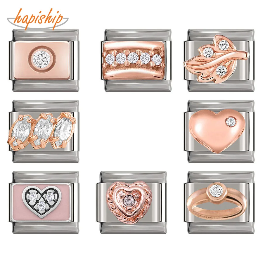 Hapiship-abalorio italiano de circonia cúbica brillante, 2019 Original, Margarita, corazón rosa, flor, pulsera de 9mm, fabricación de joyas de acero inoxidable, DJ218