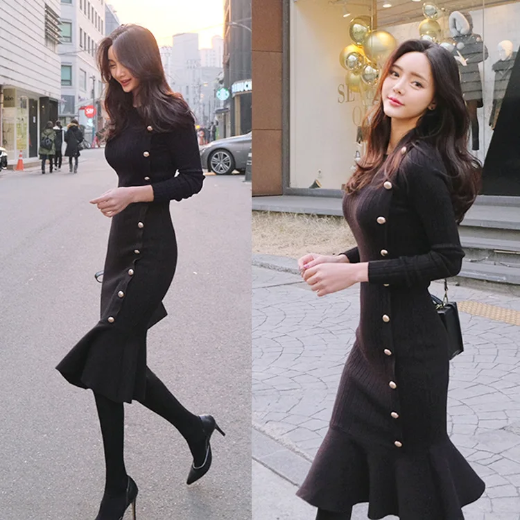 Best Price 2019 Winter Women Bottom Knitted Black Sweater Long Sleeve Thicken Elegant Sexy Slim Skinny Sheath Bodycon Knee Mermaid Dress