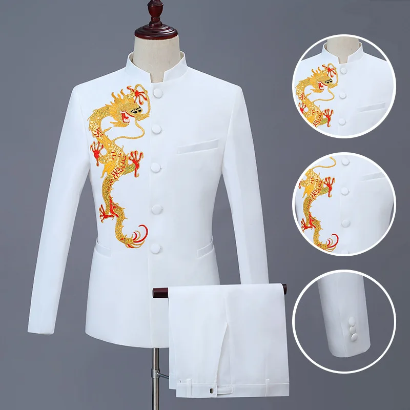 

2020 New Style Men Stand Collar Dragon Embroidered White Suit Youth Host Studio Suit Two Pieces