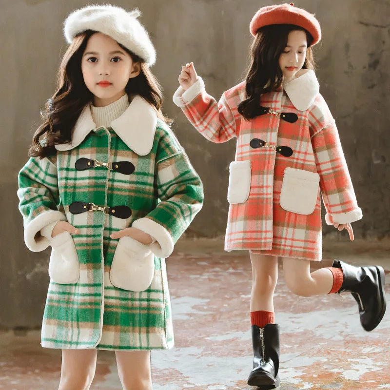 

2019 Winter Girls Cotton Long Jackets Kid's Outerwear Clothes Toddler Children Clothes Casual Turn-down Collar Plaid Woolen Coat