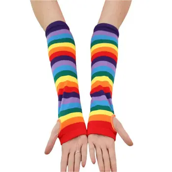 

Womens Womens Autumn Jacquard Knitted Cotton Sunscreen Arm Sleeve Fingerless Gloves Rainbow Striped Printed Colorful Thigh High