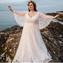 

Pukguro Plus Size Wedding Dress Batwing Sleeves Lace A Line Beach Bridal Gowns Charming Elegant Robe de mariee Custom Made