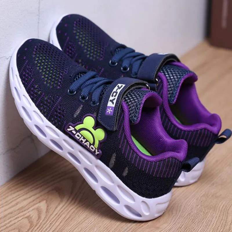 purple Обувь на плоской подошве для мальчиков и девочек; сезон весна-осень; обувь с петлей на застежке; дышащая обувь с мягкой подошвой; сетчатая Лоскутная обувь с низким ремешком для детей - Цвет: purple