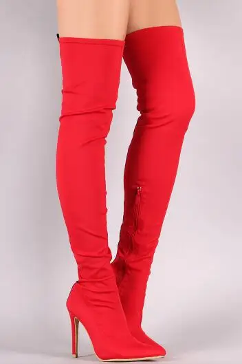 宅配便配送 Moraima Sncポインテッドトゥの女性ロングブーツファッションストレッチ生地を膝腿の高ブーツ赤黒 先着特典付 Shoes Women S Shoes Www Celpan Com Br