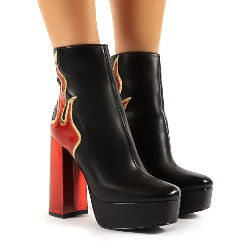 Демисезонный Женские ботильоны ботинки на платформе Резиновая подошва горит черный пламени из PU искусственной кожи, женская обувь на высоком каблуке; удобные - Цвет: Черный