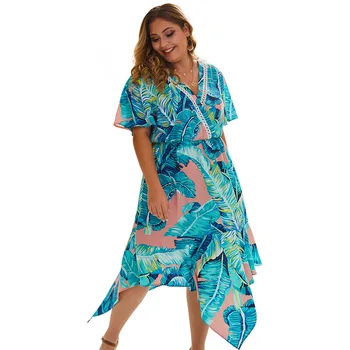 

2020 Women Mid-Calf Long Beach Dress Loose Short Sleeve Deep V-neck Sexy Party Dress Plus size Floral Spring Summer Dress