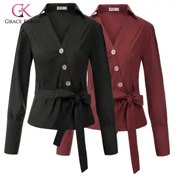 

Grace Karin Blouse Shirt Women Long Sleeve Wood Button Shirts Tops Belt Decorated Ladies Solid Color V Neck Lapel Collar Blouses