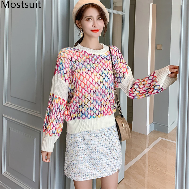 Осенне-зимние комплекты из 2 предметов, женская одежда, разноцветный клетчатый свитер+ мини-твидовая юбка, костюмы Kawaii, модные корейские комплекты из 2 предметов