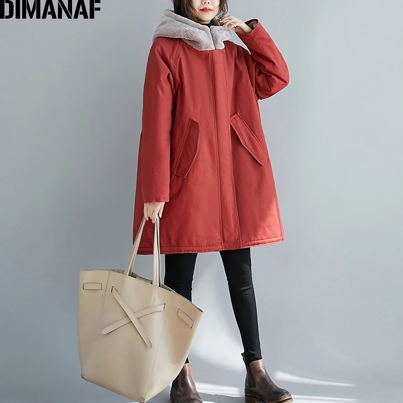 DIMANAF/Женская куртка большого размера, пальто, зимняя кашемировая утепленная куртка на молнии с капюшоном, женская верхняя одежда, теплая свободная одежда больших размеров - Цвет: XWZ92296CN-hong