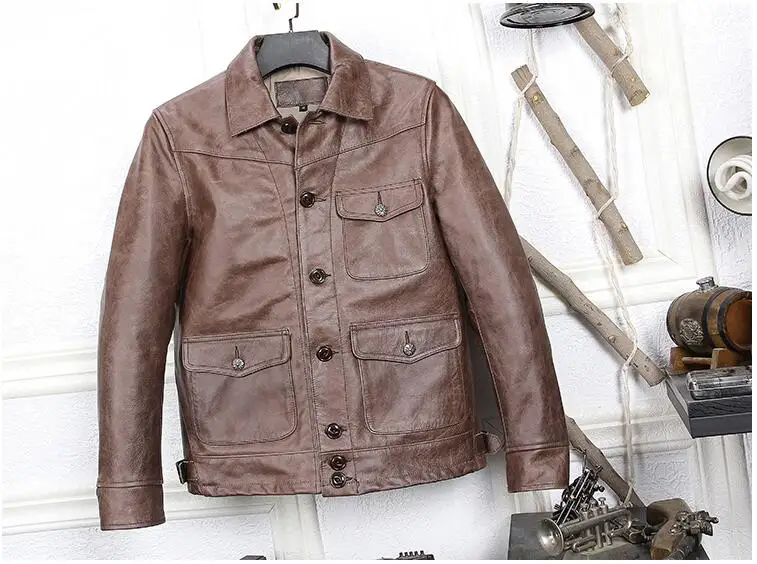 Top 2019 Dark Brown Men Japan Style Short Casual Leather Jacket Plus Size 3XL Genuine Cowhide Autumn Slim Leather COat FREE SHIPPING 9