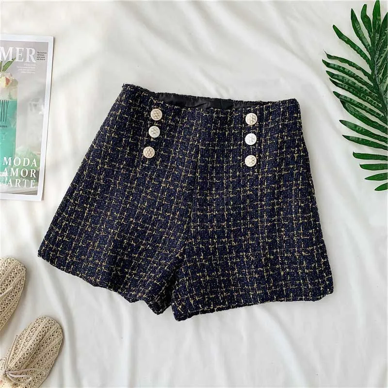 Spring Autumn Double-breasted High Waist Wide Leg Shorts For Women Plaid Bright Silk Slim Short Pants Ladies A-line Femme Shorts