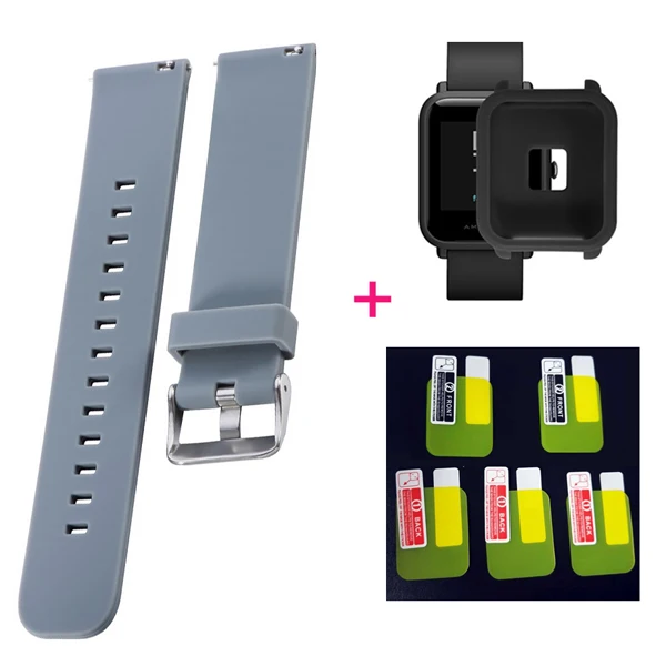 Gray-black case YHNUJM силиконовый ремешок+ чехол+ 5 шт. Защитная пленка для экрана для Xiaomi Huami Amazfit Bip Youth Smart Watch - Цвет: Gray-black case