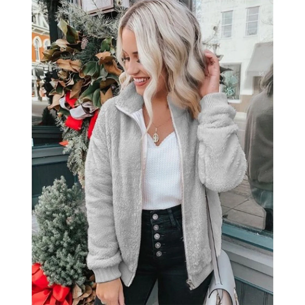 remarkable  2019 New Plush Coat Female Long-sleeved Collar Coat Winter Wild Zipper Ladies Thick Fleece Short Co