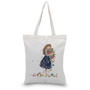 

Canvas Tote Bag Girl Pattern Handbag Daily Use Eco Reusable Recycle Shopping Bag Custom Print Logo Text DIY