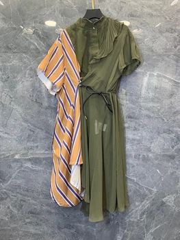 

2020 Early Autumn New Women's Lining Irregular Color Matching Stitching Long Sleeve Stripes Dress 711