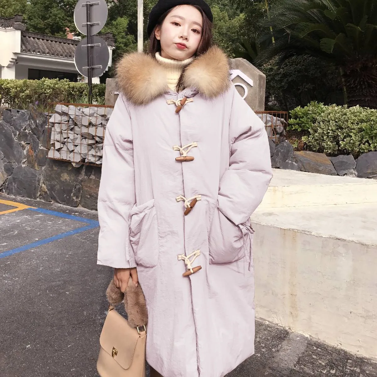 

Photo Shoot CHIC Hipster Mint Green by Age Toggle down Coat Mid-length Hooded Large Fur Collar Cotton-padded Clothes Women's Win