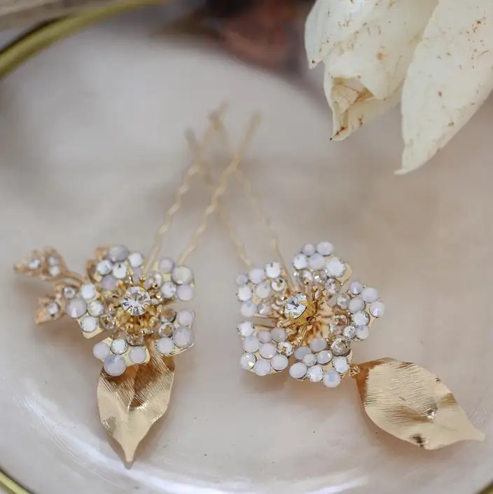 Opal Crystal Hair Comb Clips Leaf Flower Hairpins Vintage Gold Headpiece Bridal Accessories Wedding Jewelry For Bridesmaids u439