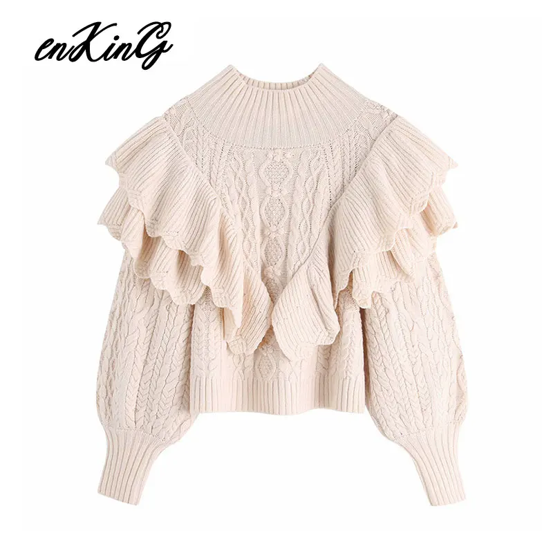 

2019 Autumn and winter women's half high collar layered Ruffle edge knitted Lantern Sleeve Sweater