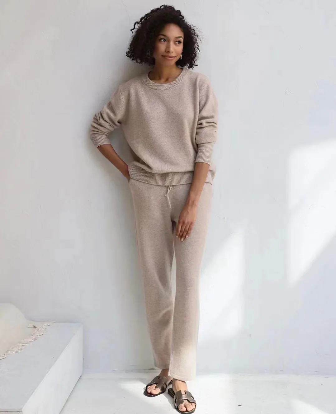 Fashion High Quality Women's Luxury Two Pieces 100%Cashmere Wool Suits Female Warm Cashmere Knit Tops +  Wool Pant Sets WY564 2