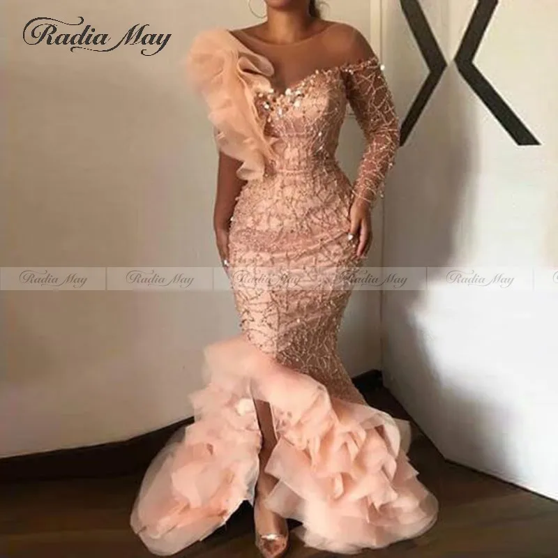 Модные вечерние платья с блестками и бисером, Vestidos de Largos, скромные платья на одно плечо с оборками, вечерние платья для выпускного вечера