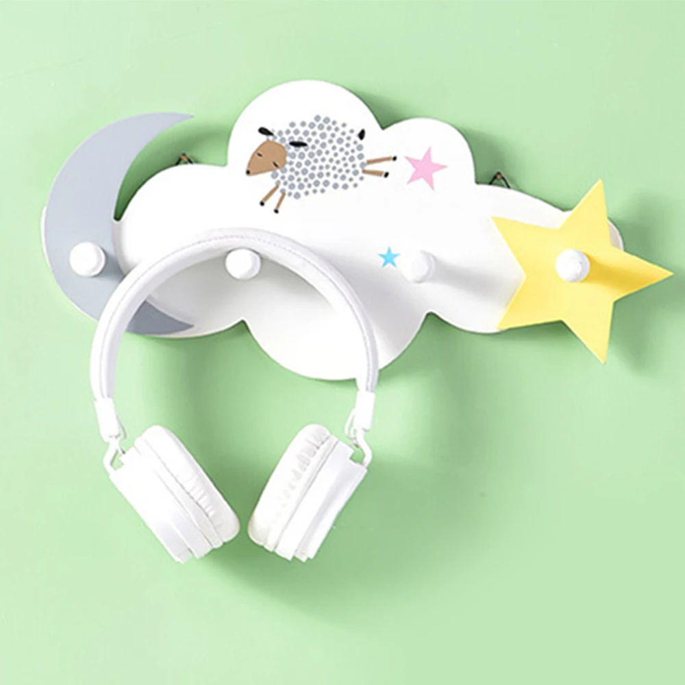 

4 Hooks Self Adhesive Hooks Wood Clothes Moon Star Hanger Wall Mounted Key Holder Coat Hook Kid Room Wall Decorative Accessories