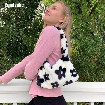 

Vintage Retro Cute Plush Hairy Flower Pattern Soft Handbags for Women Baguette Bag Sweet Mini Underarm Bag