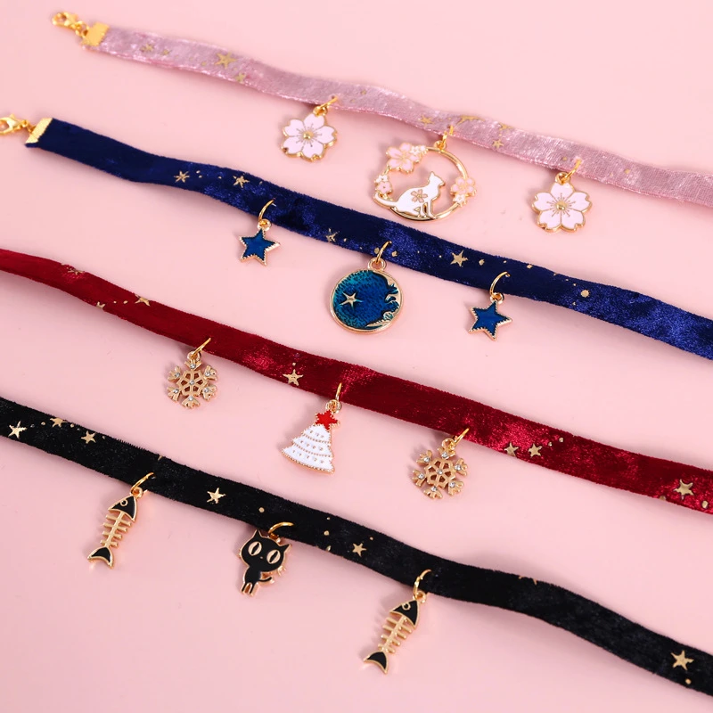 Pet Collar Velvet Bronzing Star Adjustable Necklace For Cats Puppy Fishbone/Sakura/Starry Sky Collar Chic Pets Supplies Accessories
