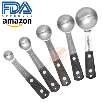

Food Level 304 Stainless Steel Amount Spoon 5 Paper Set Color Wooden Handle Bring Scale Scoop Baking Measure Spoon Cup