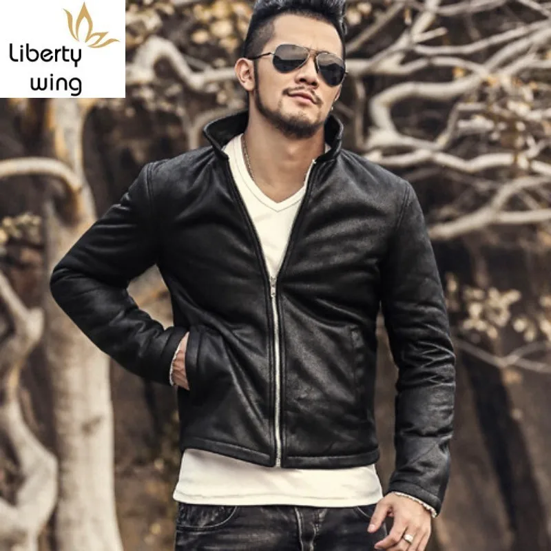 

Winter Faux Leather Men Fashion Stand Collar Thicken Warm Short Coat 2020 New Zipper Moto Biker Jacket Black Outerwear