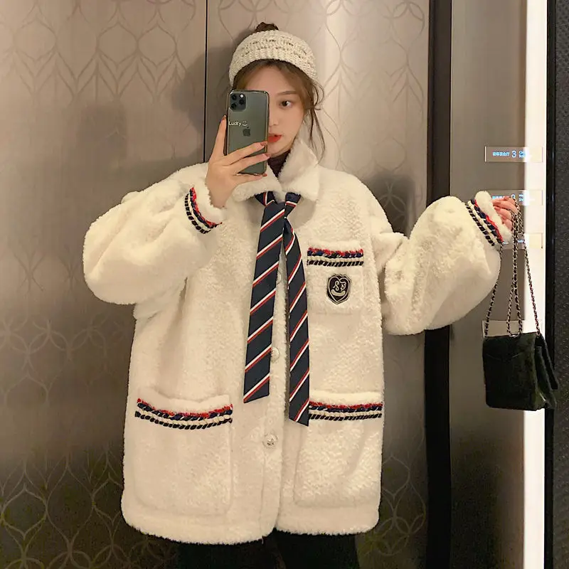 

Winter New Style Korean-style Cardigan Faux Cashmere Brushed And Thick Loose-Fit Student Laziness Wave Jacket