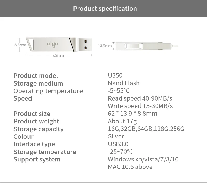 Aigo 256 ГБ usb 3,0 360 ° вращающийся высокоскоростной usb флэш-накопитель OTG флеш-накопитель type C флеш-накопитель 3,0 для Android металлический usb-накопитель