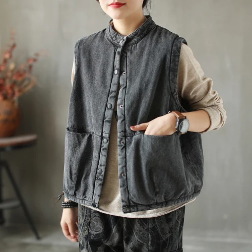 Dark Gray vEST Джинсовый хлопковый жилет в стиле ретро, зимний Повседневный жилет с воротником-стойкой без рукавов, однобортный винтажный жилет для женщин Z3 - Цвет: Dark Gray vEST