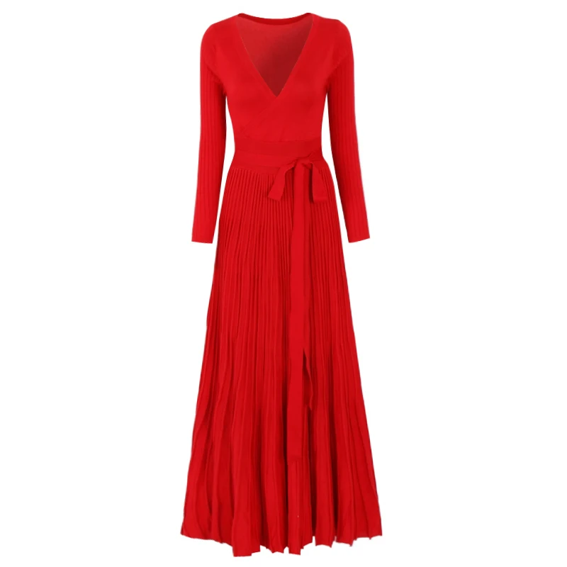 Элегантный черный красный вязаный длинный свитер платья новые женские сексуальные v-образным вырезом Тонкие повседневные плиссированные осенне-зимние платья Vestidos - Цвет: Красный