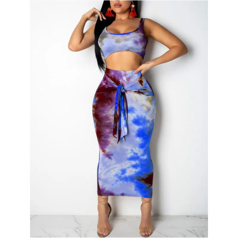 

Summer 2020 Women Tie Dye Printed Two Pieces Dress Set Outfits Casual Top and Skrits Set