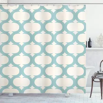 

Aqua Shower Curtain, Mesh Pattern with Curvy Lattice Design Old Fashioned Pastel, Cloth Fabric Bathroom Decor Set with Hooks