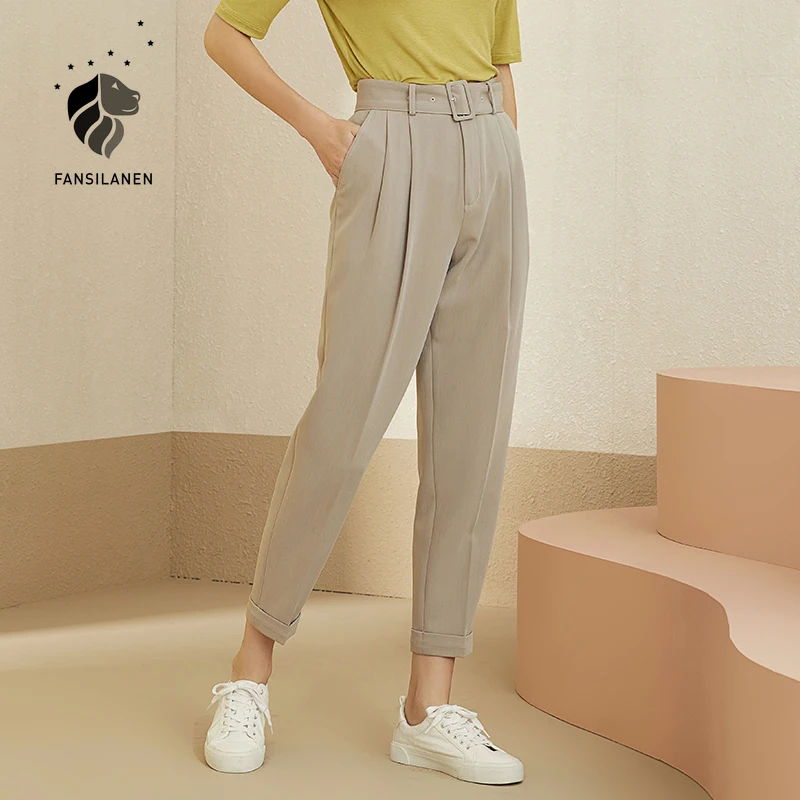 

FANSILANEN Pleated casual suit pants capri Khaki office lady high waist pants Autumn winter streetwear straight trousers bottom