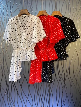 

2020 Spring and Summer New Women's V-neck Dot Prints Decorative Irregular Hem Short Sleeve All-match Top 609