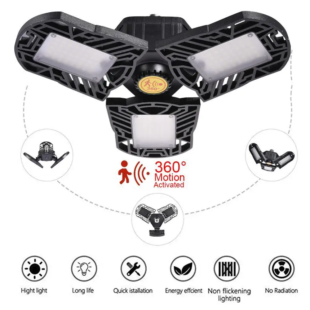 Skup E27 lampa garażowa Led lampa deformująca z czujnikiem ruchu 60 80W wodoodporna lampa przemysłowa 85 265v wysoka intensywność lampa warsztatowa