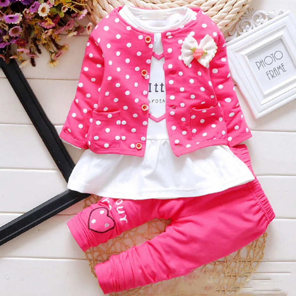 3Pcs Infant Baby Girl winter clothes Polka Dot Shirt+Kids Pants+Outer Princess girl clothes cotton Outfits Set roupa infantil