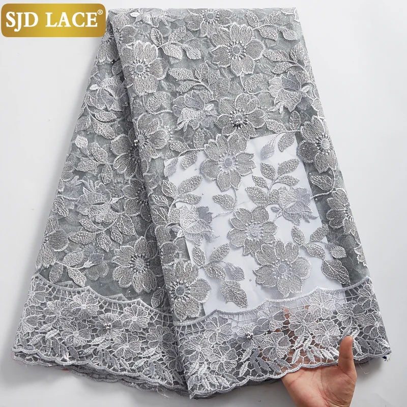 

SJD LACE African Net Lace Fabric 5Yards Wedding Materials French Mesh Lace Fabric With Stones Embroidery Tulle For Wedding A2355