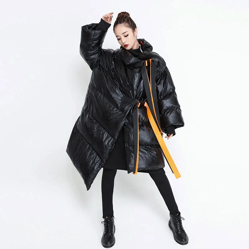 Ribbons Women's Winter Parkas CottonJackets Stand Collar Long Sleeve Asymmetric Jacket Female Fashion Clothes Tide