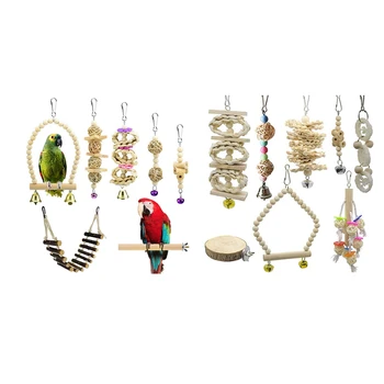 

7 Pcs Natural Wood Bird Swing Climbing Chewing Standing Hanging & 8 Pcs Set Bird Parrot Swing Chewing Toys