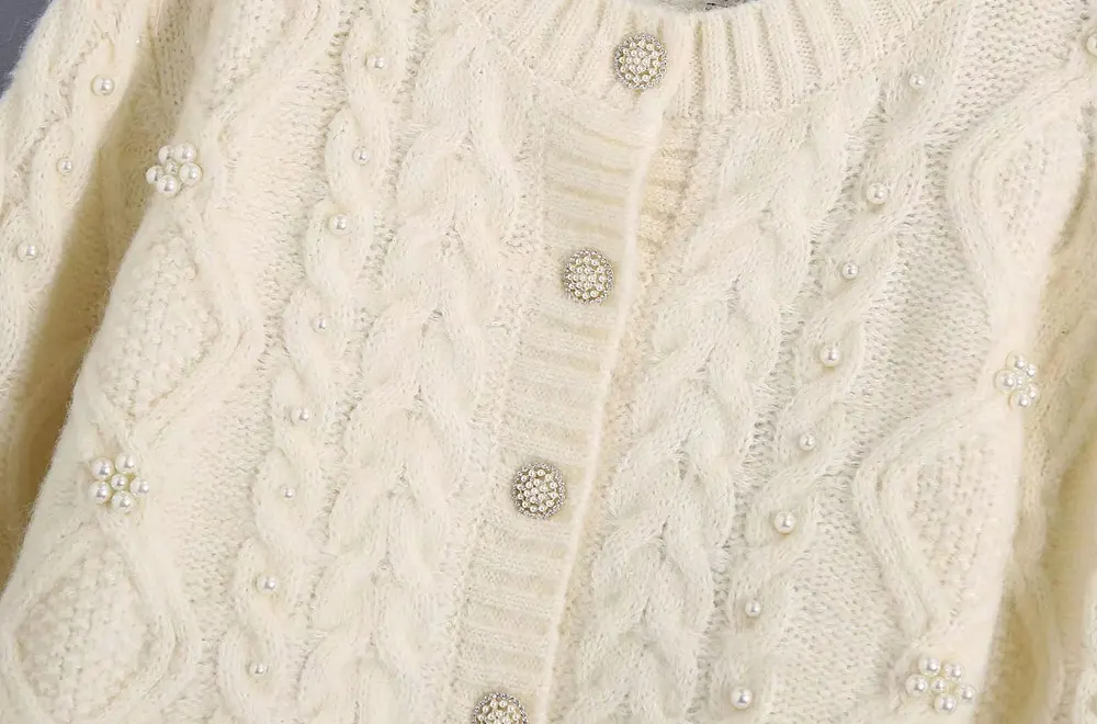 KPYTOMOA Women  Fashion With Pearl Beading Knit Cardigan Sweater Vintage O Neck Long Sleeve Female Pullovers Chic Tops brown cardigan