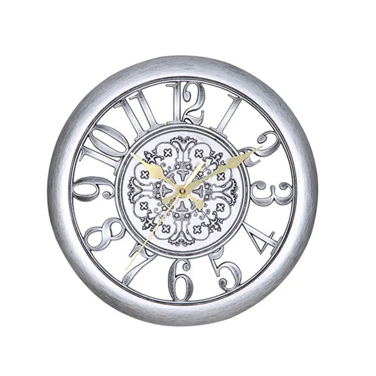 Подвесные Clock11-inch в европейском стиле в стиле ретро для гостиной, креативные и бесшумные настенные часы, модные декоративные кварцевые часы - Цвет: Серебристый
