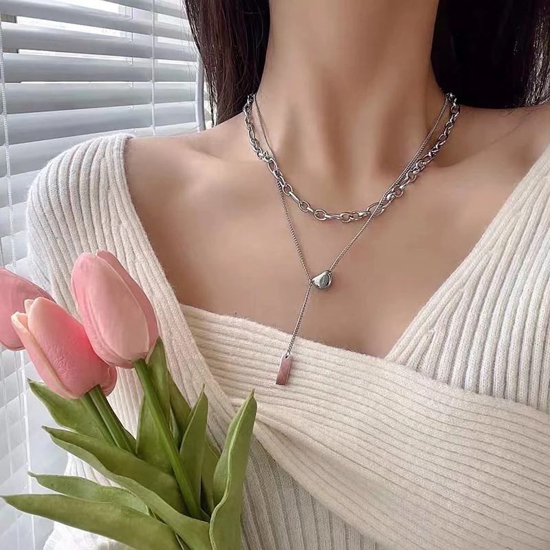 2021 Double Layer Minimalist Necklace For Women Hip Hop Gothic Metal Rectangle Semicircle Pendant Clavicle Chain Choker Gifts