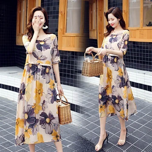 

Middle-aged Mom Printed Large Size Dress Summer Popular New Style WOMEN'S Dress Loose Short Sleeve Cover Meat Long Skirts Childr