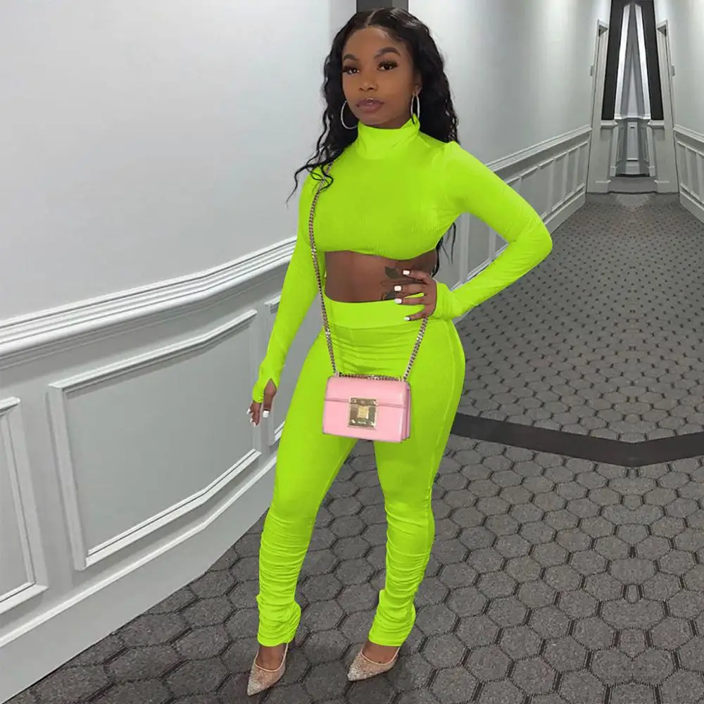 

Fall New Women Two Pieces Set Sexy Crop Top And Stacked SweatPants Casual Active Wear Gym Fitness Workout Sets