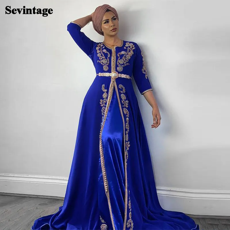 

Sevintage Royal Blue Abaya Dubai Evening Dress Satin Appliques Lace Moroccan Kaftan Long Prom Gowns Muslim Women Party Dresses