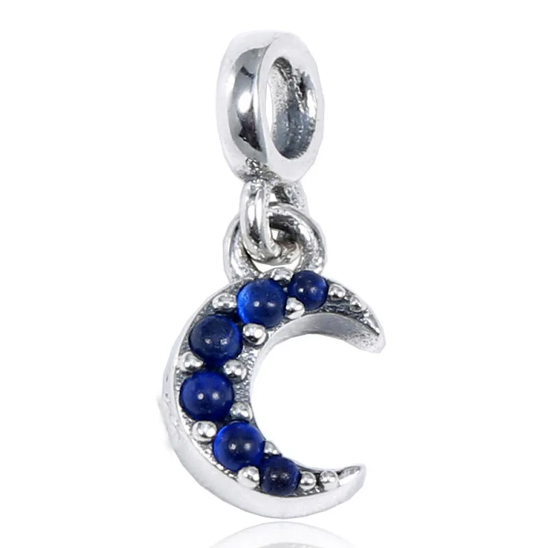 

New 925 Sterling Silver Bead Charm My Moon Dangle With Blue Crystals Pendant Beads Fit Pandora Bracelet Bangle DIY Jewelry